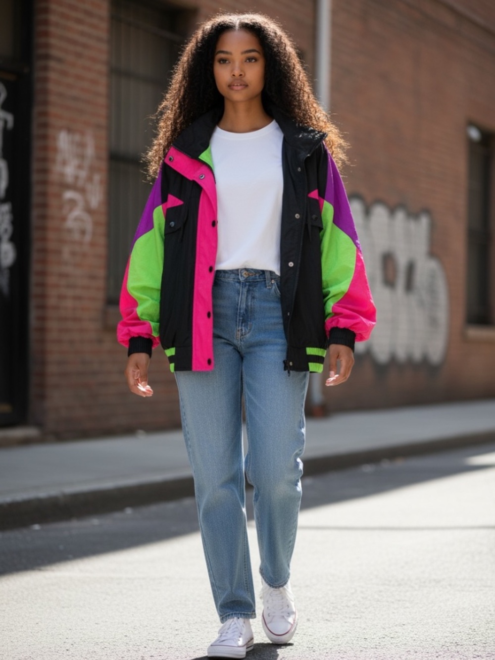 EAST WEST Vintage Y2K 90s Retro Print Colorful Windbreaker Bomber Full Zip | L